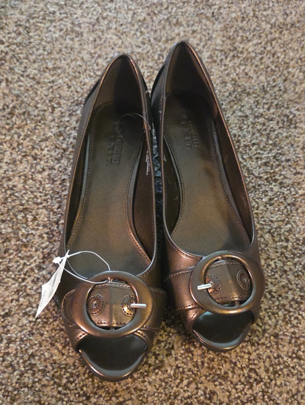 Emergency EXIT Metallic Bronze Peep-Toe Flats with Decorative Buckle Sz 9